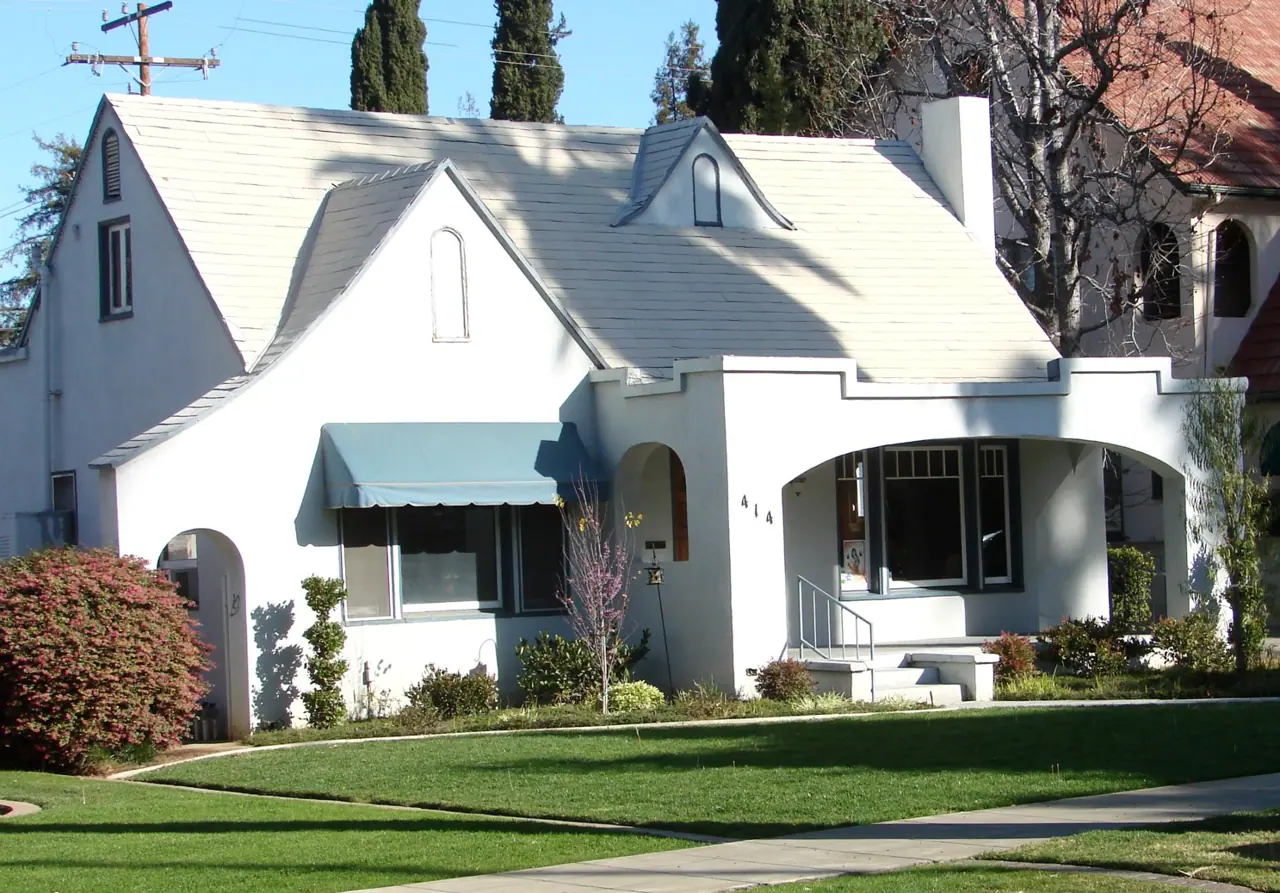 Stucco California bungalow with front porch