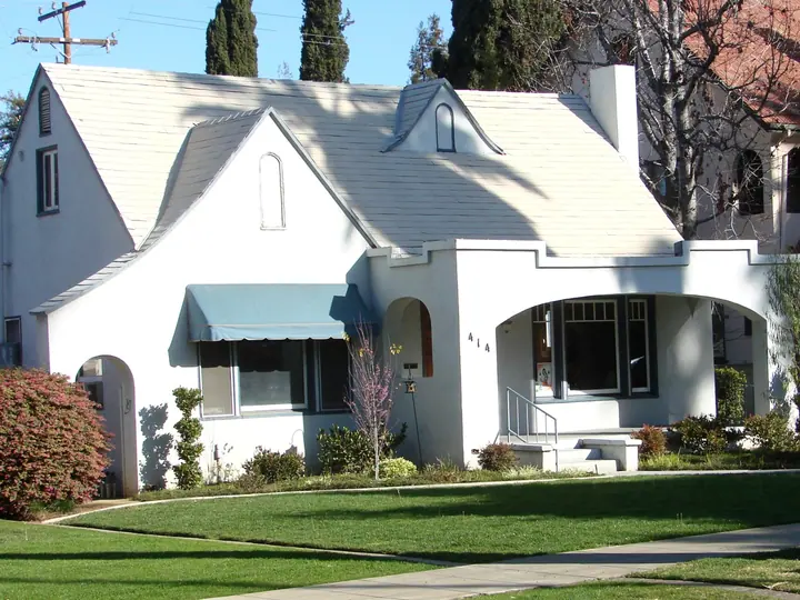 Stucco California bungalow with front porch