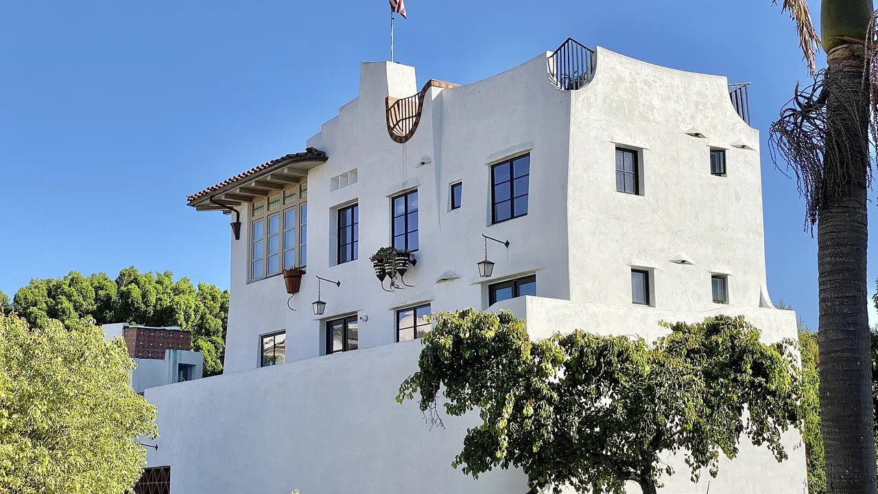 White stucco Spanish-style building in California